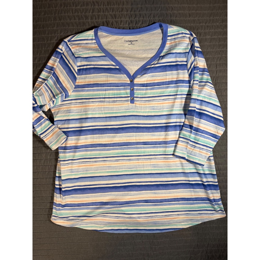 Croft & Barrow Womens 3X Blue Striped Henley 3/4 Sleeve Cotton Top Shirt